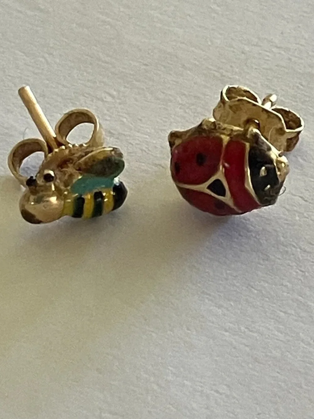 Vintage 14K Gold Italian Ladybug & Enamel Bee Mismatched Studs - Signed